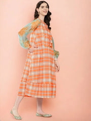 Checked Tie-Up Neck Sequined Ethnic A-Line Midi Dress-AHEDCRORDP-208-ICH