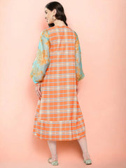 Checked Tie-Up Neck Sequined Ethnic A-Line Midi Dress-AHEDCRORDP-208-ICH