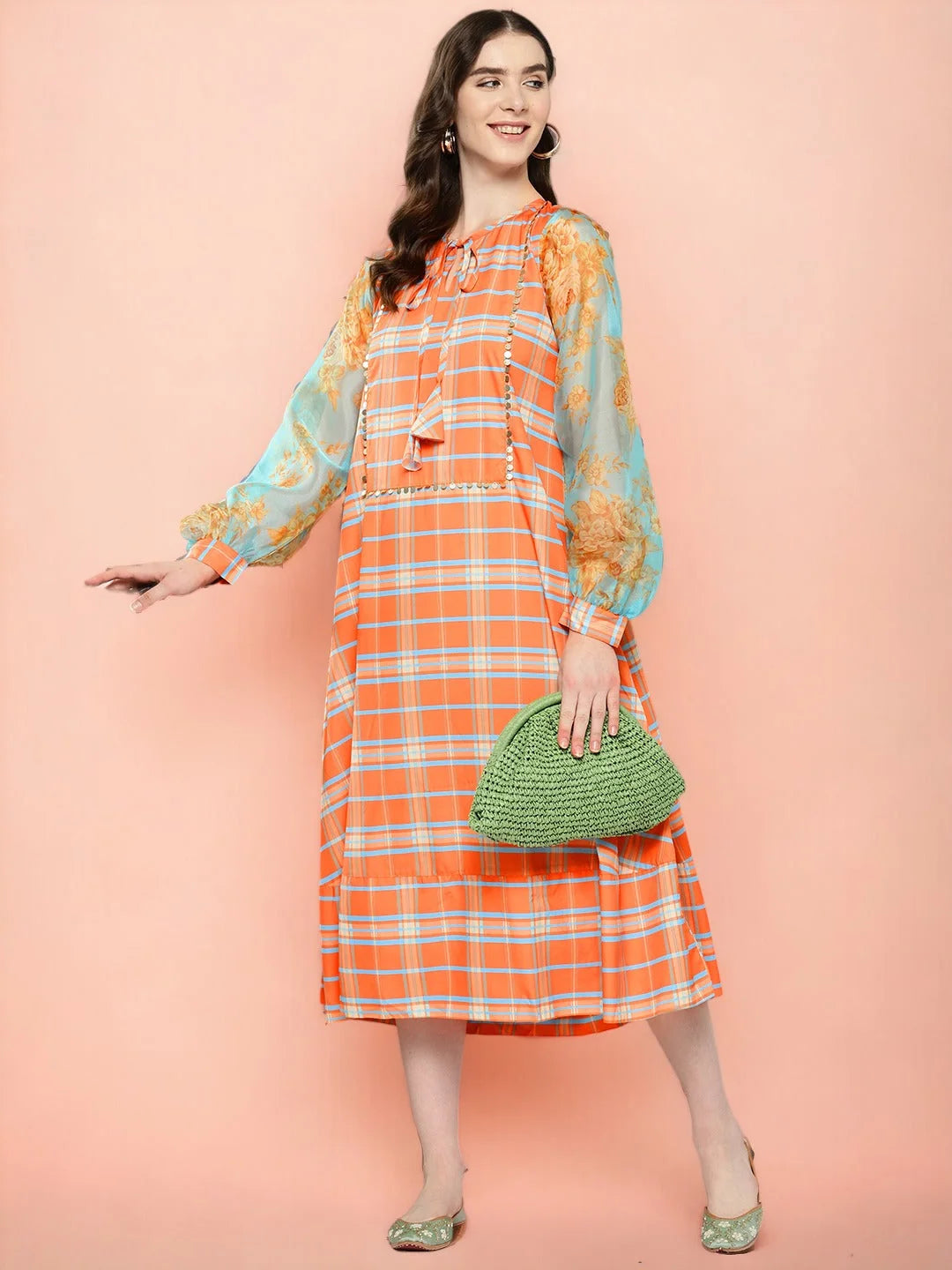 Sequined Checked Midi Dress - Indian Cotton Dresses Online