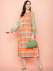 Checked Tie-Up Neck Sequined Ethnic A-Line Midi Dress-AHEDCRORDP-208-ICH
