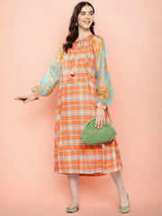 Checked Tie-Up Neck Sequined Ethnic A-Line Midi Dress-AHEDCRORDP-208-ICH