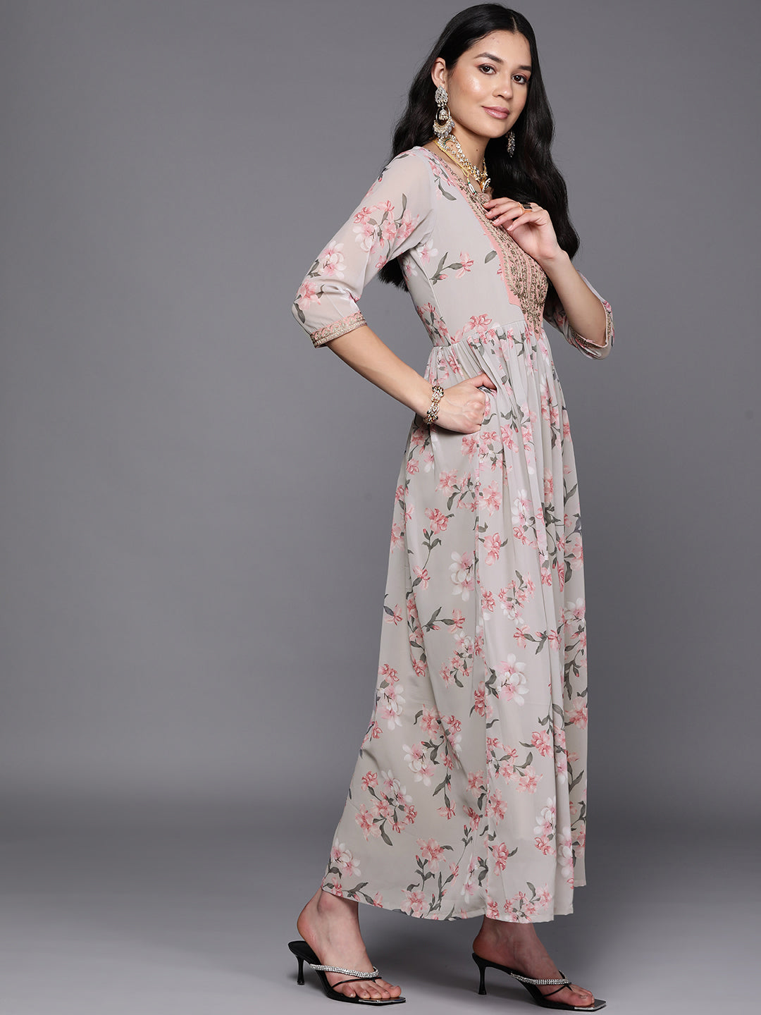 Grey Floral Embroidered Indian Dresses Online