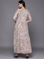 Grey Embroidered Floral Printed Ethnic Dress-AHEDGRDP-155-EMB-OA