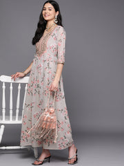 Grey Embroidered Floral Printed Ethnic Dress-AHEDGRDP-155-EMB-OA