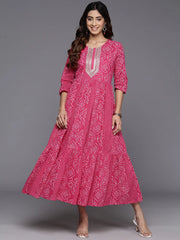 Bandhani Printed Sequined Tiered A-Line Pure Cotton Ethnic Dress-AHEDMLKH-234