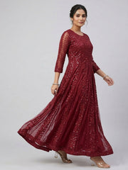 Elegant Burgundy Embroidered Floor-Length Ethnic Dress