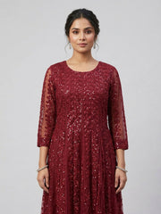 Elegant Burgundy Embroidered Floor-Length Ethnic Dress