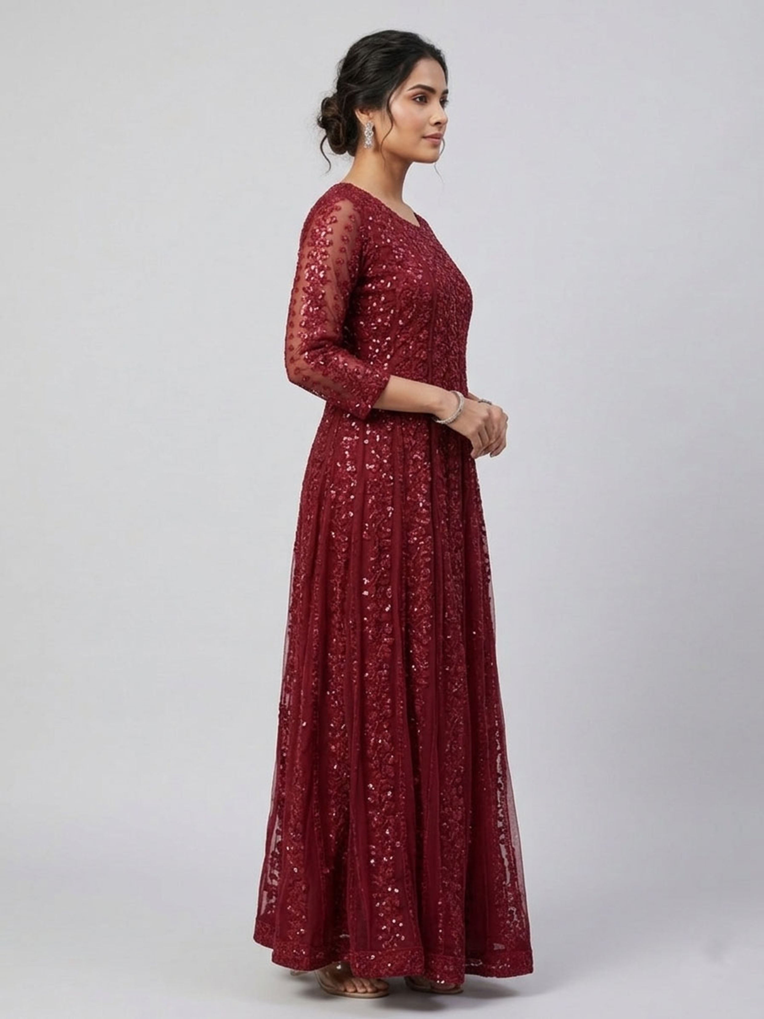 Elegant Burgundy Embroidered Floor-Length Ethnic Dress