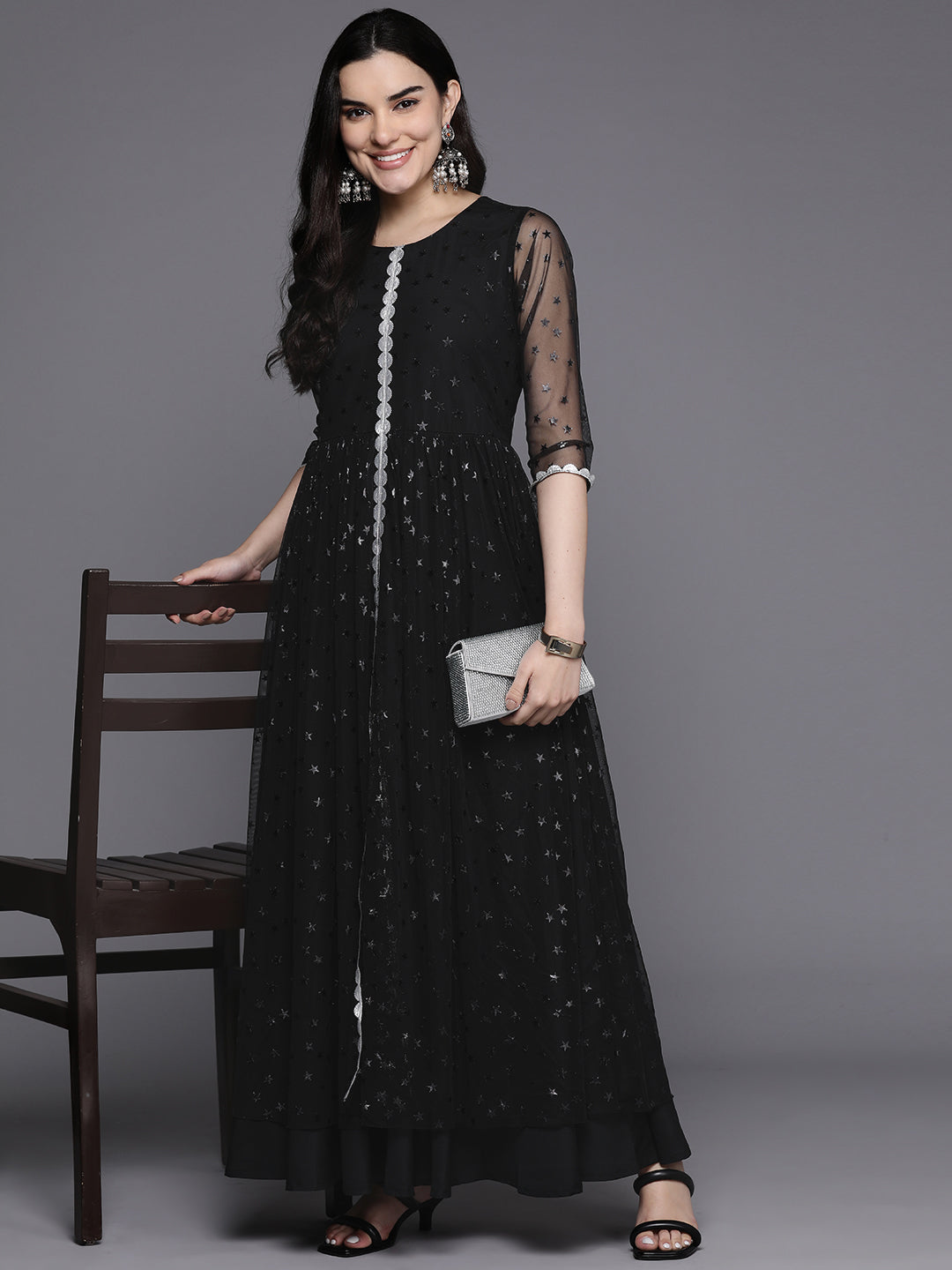 Conversational Print Layered A-Line Maxi Ethnic Dress-AHEDNTFP-167