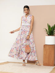 Lavender Floral Printed Maxi Ethnic Dress-AHEDPRDP-137-ICH