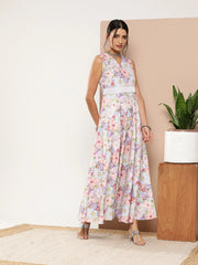 Lavender Floral Printed Maxi Ethnic Dress-AHEDPRDP-137-ICH