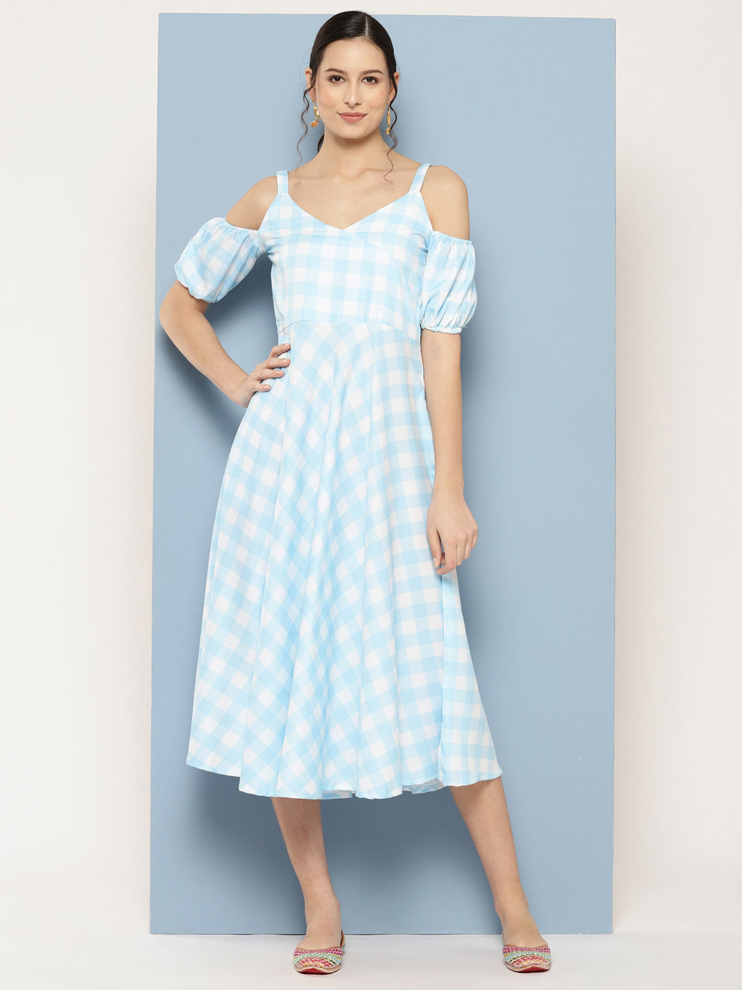 Checked Cold-Shoulder Midi Dress | Indian Dresses Online