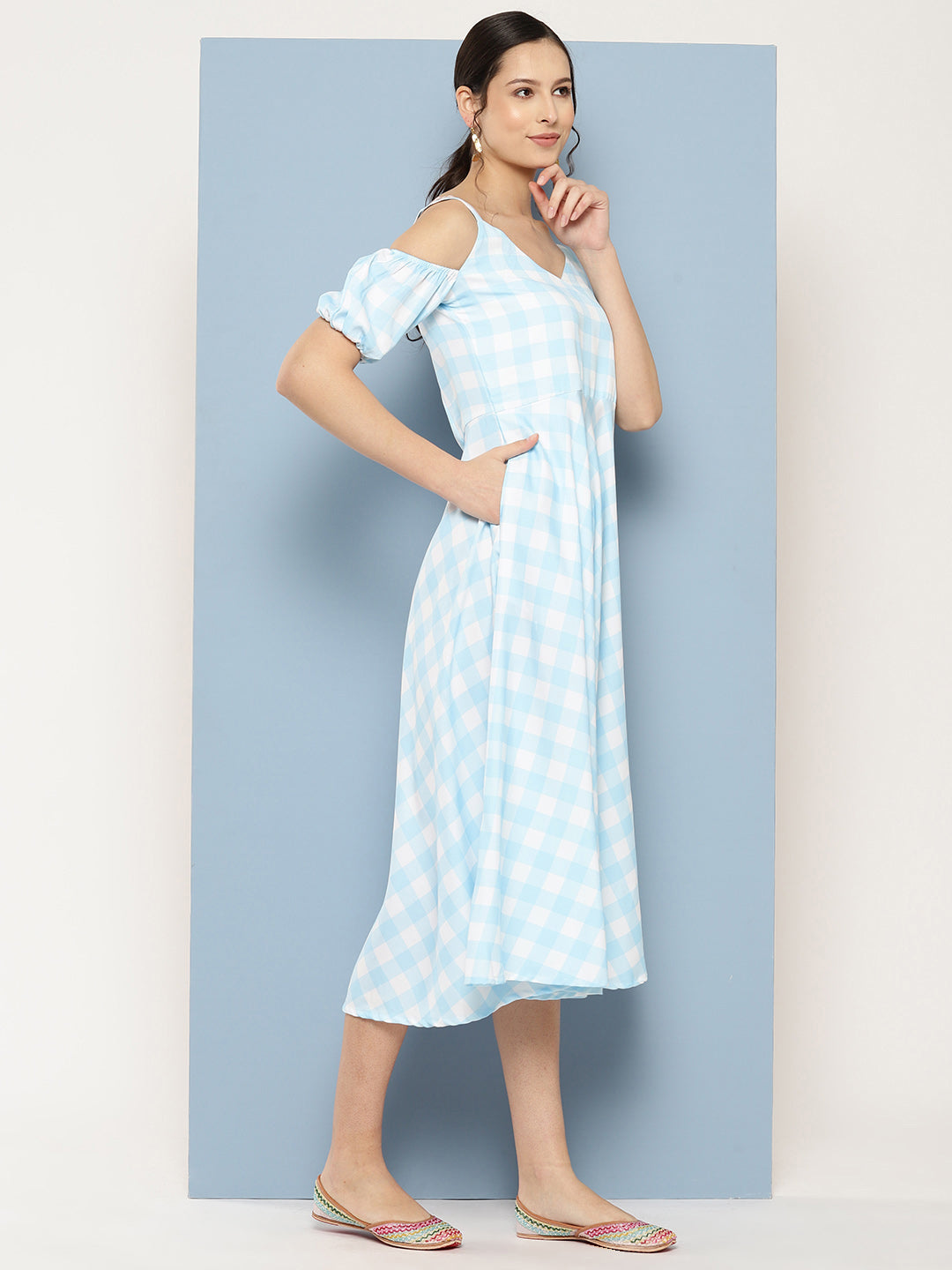 Checked Cold-Shoulder Midi Dress | Indian Dresses Online