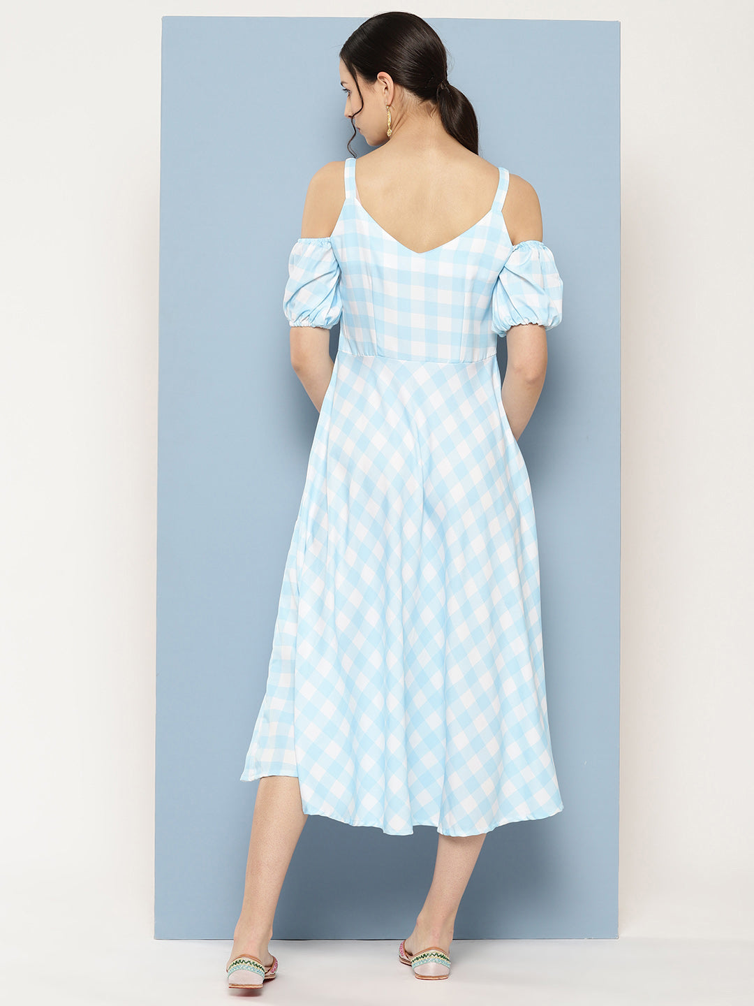 Checked Cold-Shoulder Midi Dress | Indian Dresses Online