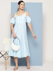 Checked Cold-Shoulder Sleeves Midi Empire Ethnic Dress-AHEDPRDP-192