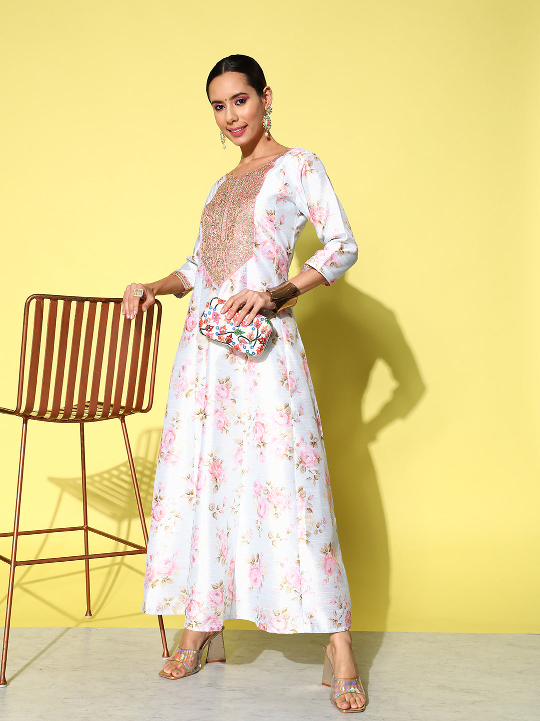 Blue & Pink Embroidered Floral Printed Ethnic A-Line Maxi Dress-AHEDPSDP-129-EMB-OA