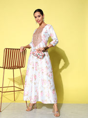 Blue & Pink Embroidered Floral Printed Ethnic A-Line Maxi Dress-AHEDPSDP-129-EMB-OA