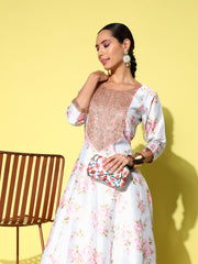 Blue & Pink Embroidered Floral Printed Ethnic A-Line Maxi Dress-AHEDPSDP-129-EMB-OA