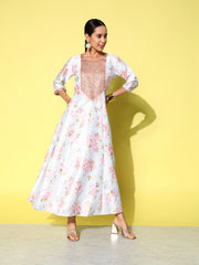Blue & Pink Embroidered Floral Printed Ethnic A-Line Maxi Dress-AHEDPSDP-129-EMB-OA