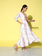 Blue & Pink Embroidered Floral Printed Ethnic A-Line Maxi Dress-AHEDPSDP-129-EMB-OA