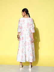 Blue & Pink Embroidered Floral Printed Ethnic A-Line Maxi Dress-AHEDPSDP-129-EMB-OA