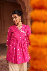Pink Chanderi Printed Angrakha Style Tunic-AHTUCHFP-8096