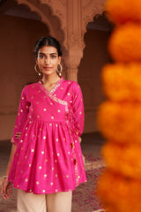 Pink Chanderi Printed Angrakha Style Tunic-AHTUCHFP-8096