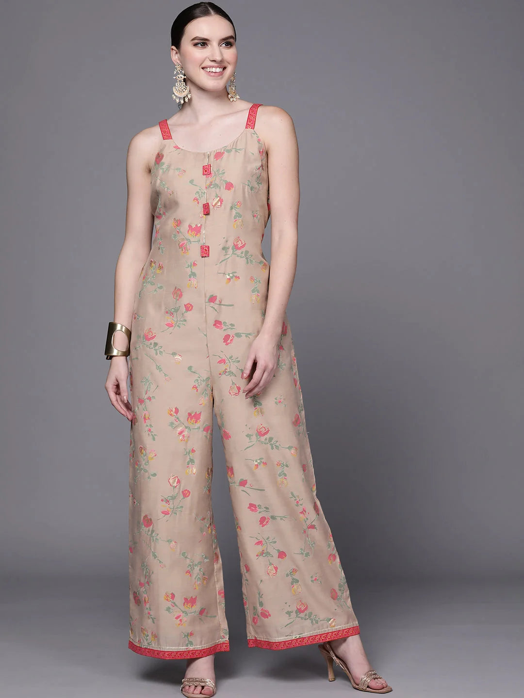 Tan Floral Printed Jumpsuit | Casual Jumpsuits for Women