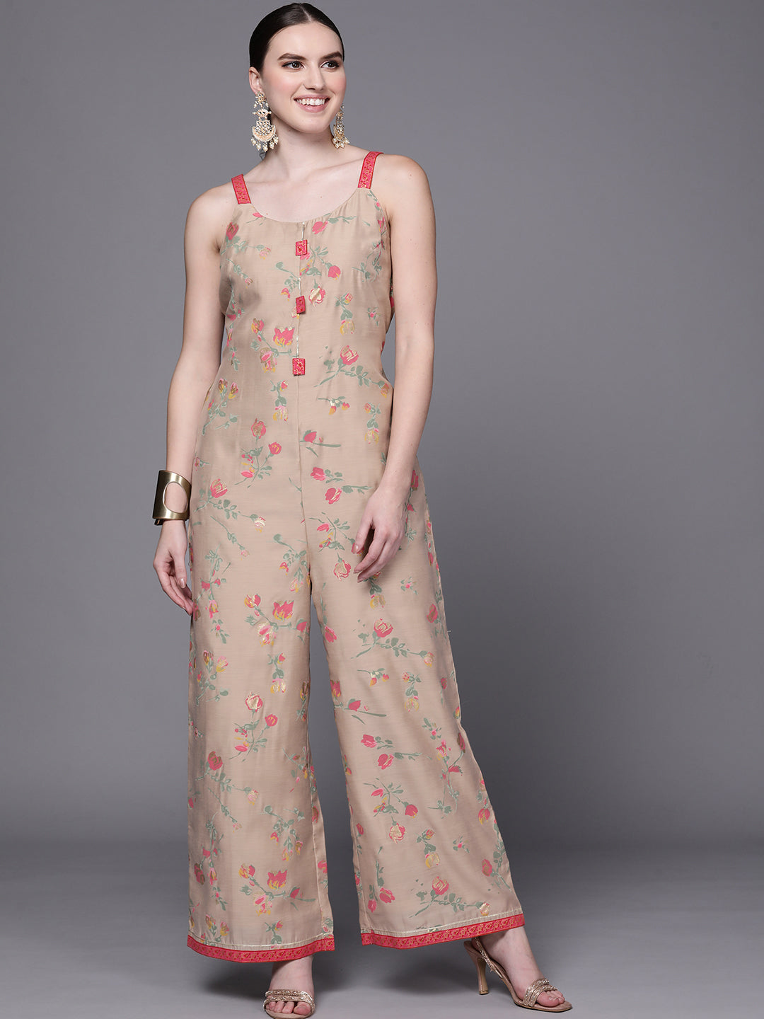 Tan Floral Printed Jumpsuit | Casual Jumpsuits for Women