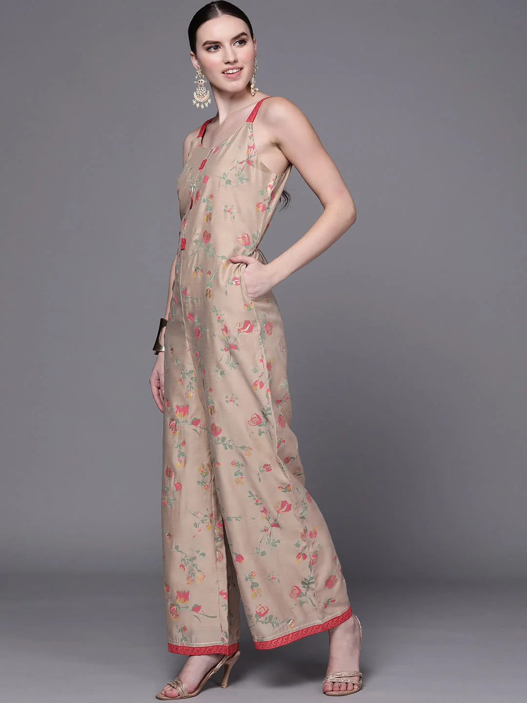 Tan Floral Printed Jumpsuit | Casual Jumpsuits for Women