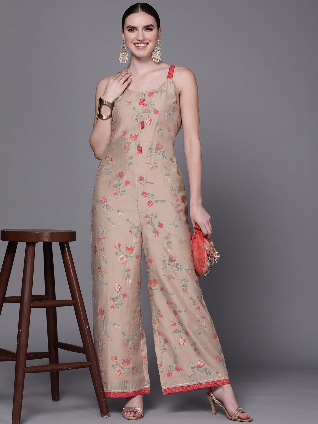 Tan Floral Printed Jumpsuit | Casual Jumpsuits for Women