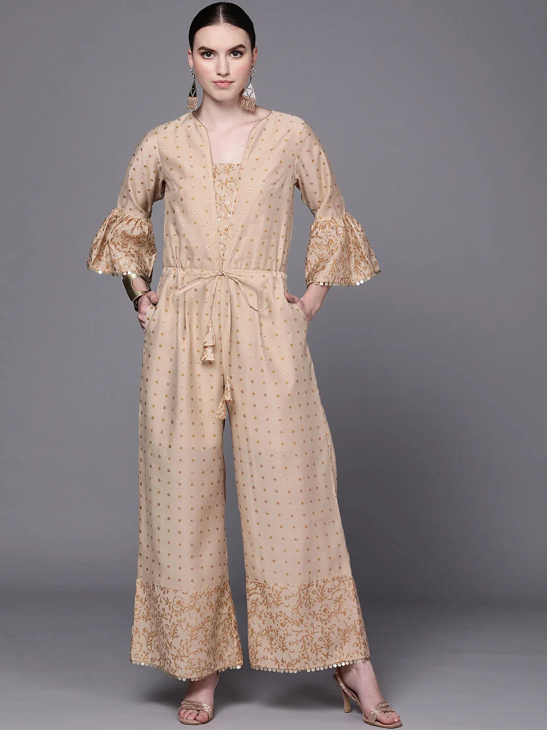 Beige & Golden Printed Tie Up Detail Jumpsuit-AHJSCHPG-974-FF