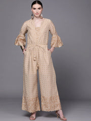 Beige & Golden Printed Tie Up Detail Jumpsuit-AHJSCHPG-974-FF