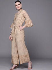Beige & Golden Printed Tie Up Detail Jumpsuit-AHJSCHPG-974-FF