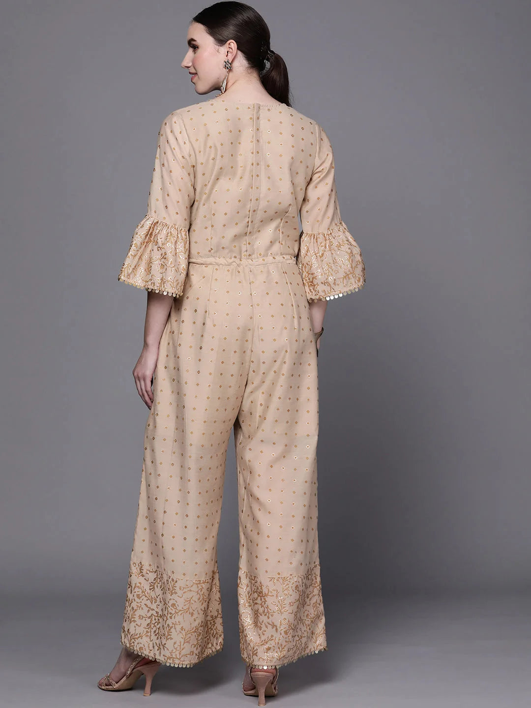 Beige & Gold Printed Tie Jumpsuit | Formal Jumpsuit Outfits