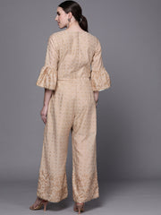 Beige & Golden Printed Tie Up Detail Jumpsuit-AHJSCHPG-974-FF