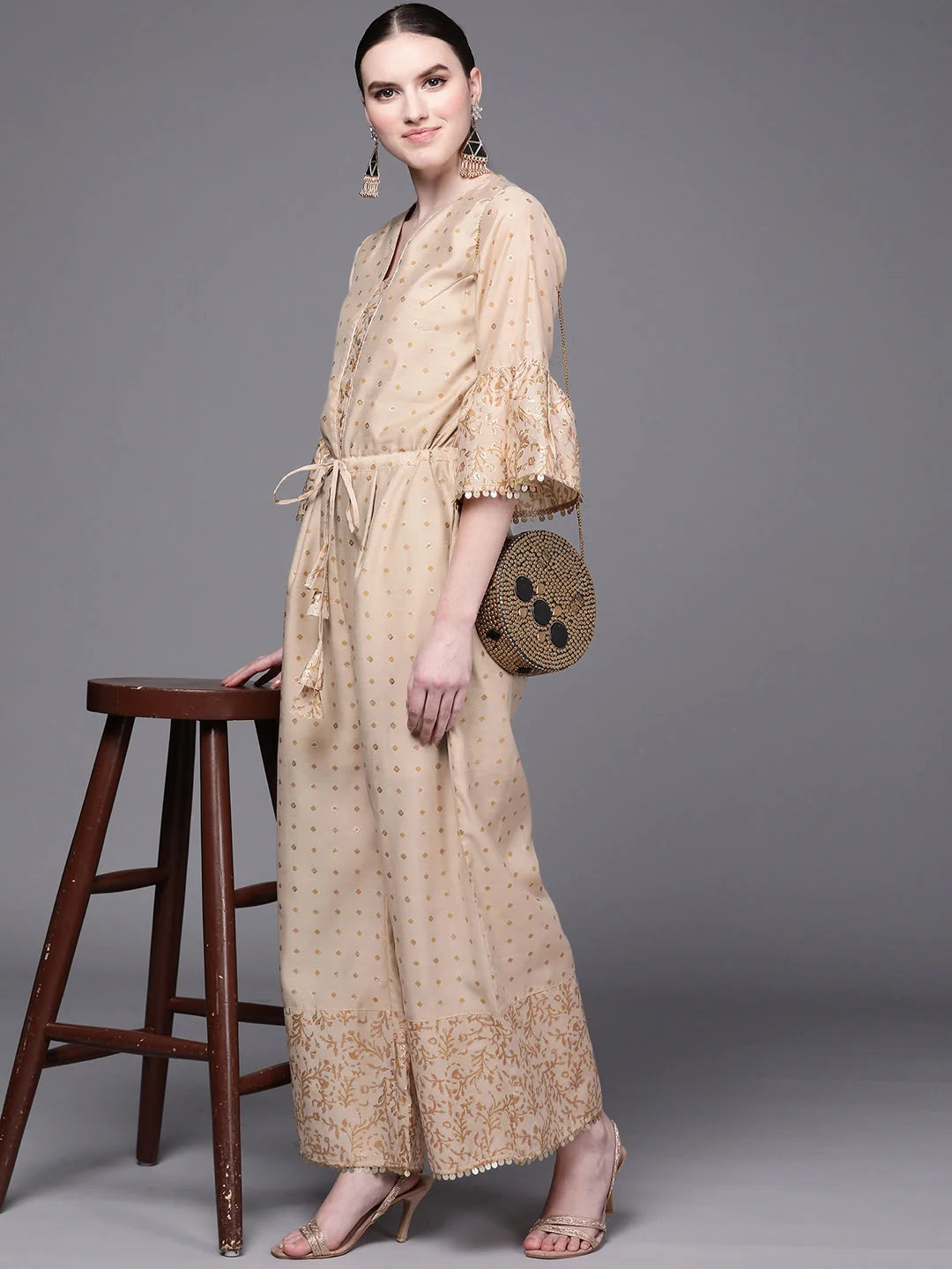 Beige & Gold Printed Tie Jumpsuit | Formal Jumpsuit Outfits