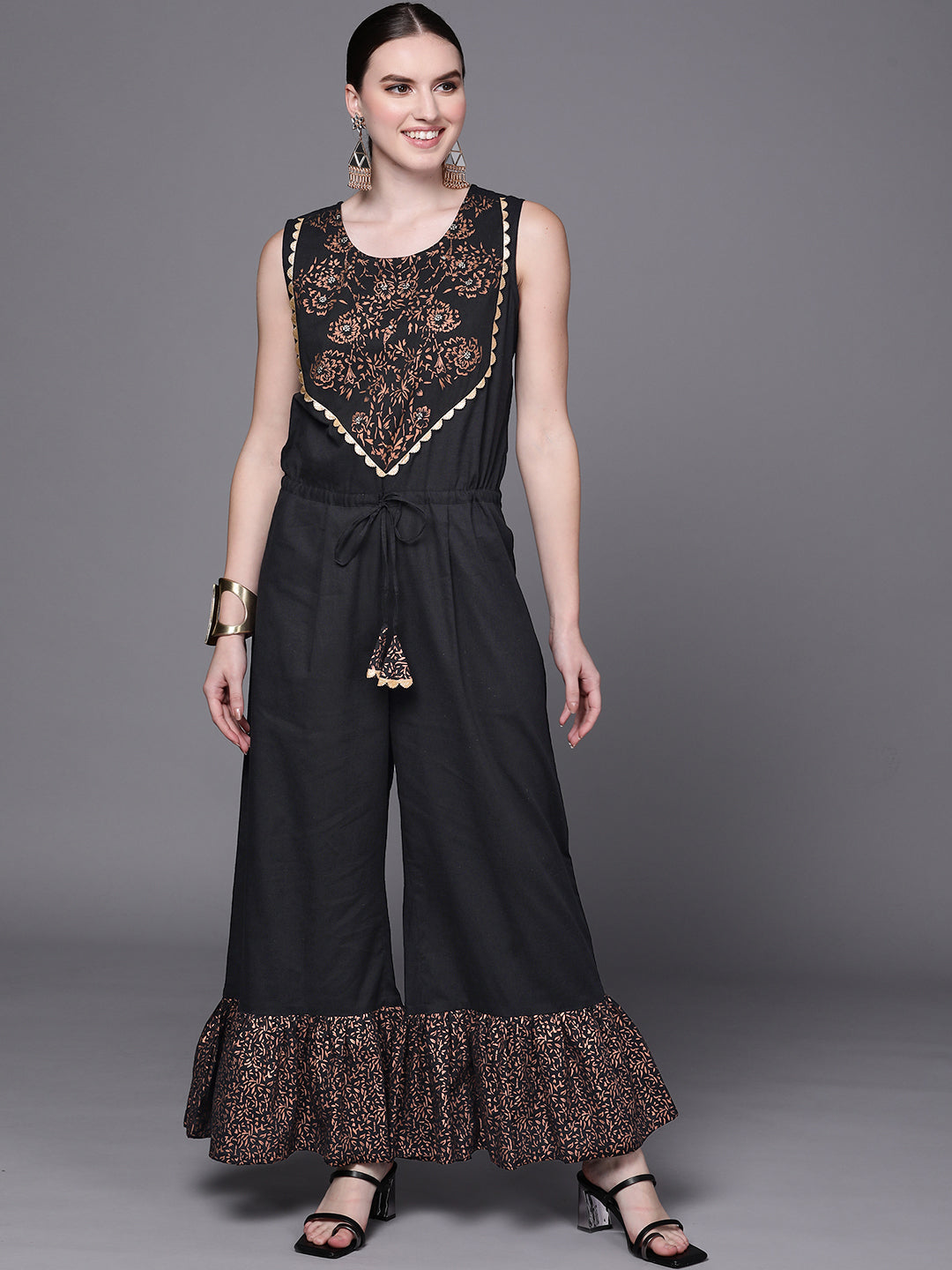 Black Printed Cotton Jumpsuit with Lace | Women's Jumpsuit Sets
