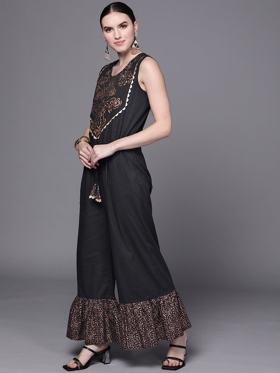 Black Printed Cotton Jumpsuit with Lace | Women's Jumpsuit Sets