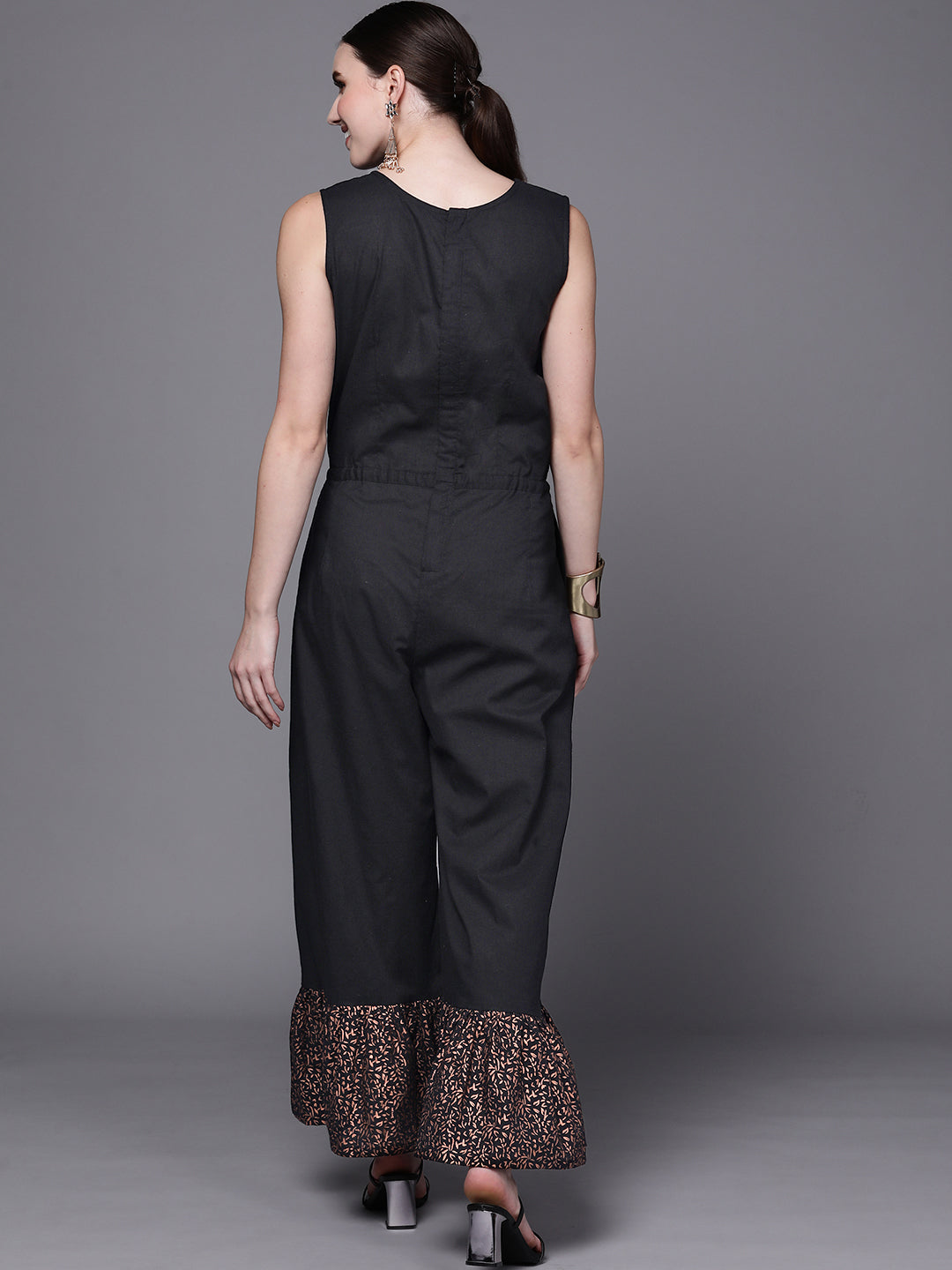 Black Printed Cotton Jumpsuit with Lace | Women's Jumpsuit Sets