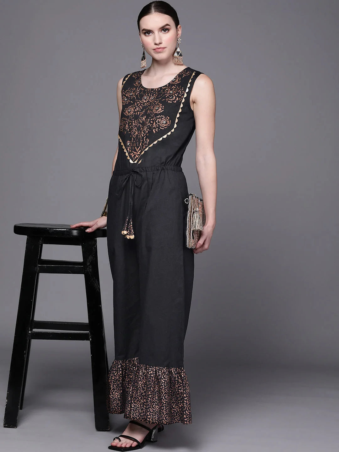 Black Printed Cotton Jumpsuit with Lace | Women's Jumpsuit Sets