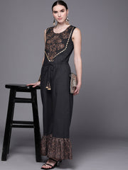 Black Printed Pure Cotton Jumpsuit with Lace Details-AHJSCOGP-957-FF