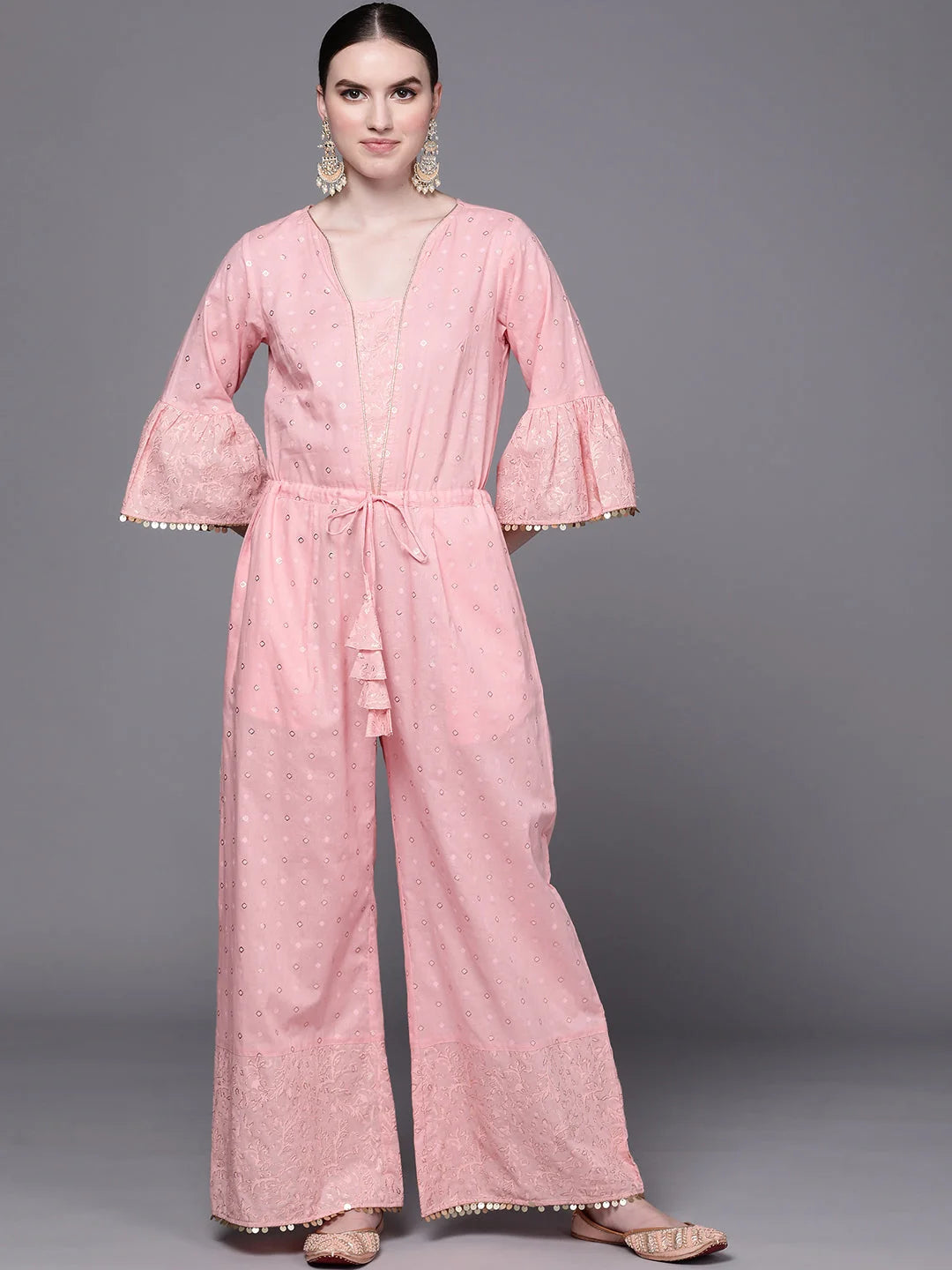Pink Printed Cotton Jumpsuit with Waist Tie | Women's Jumpsuits