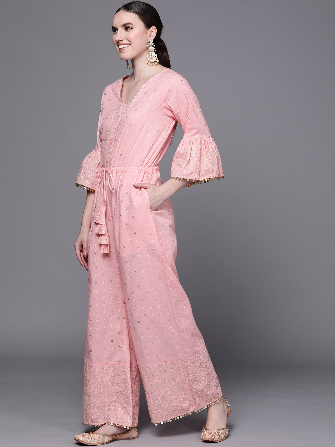 Pink Printed Cotton Jumpsuit with Waist Tie | Women's Jumpsuits