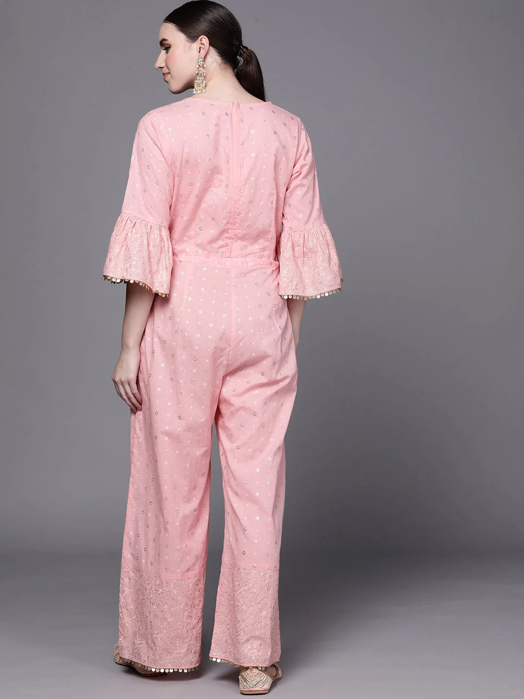 Pink Printed Cotton Jumpsuit with Waist Tie | Women's Jumpsuits