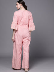 Pink Printed Pure Cotton Waist Tie-Ups Jumpsuit-AHJSCOKH-968-FF