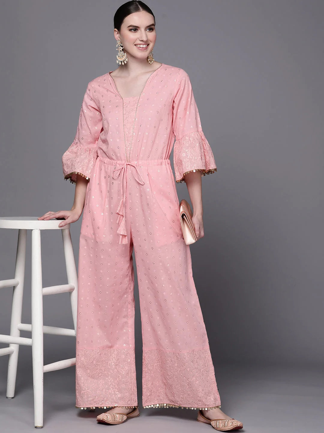 Pink Printed Cotton Jumpsuit with Waist Tie | Women's Jumpsuits