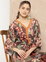 Brown& Green Printed Waist Tie-Ups Jumpsuit-AHJSCRDP-44-ICH