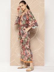 Brown& Green Printed Waist Tie-Ups Jumpsuit-AHJSCRDP-44-ICH