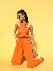 Orange & Gold Stripes Print Jumpsuit-AHJSCRFP-921-FF
